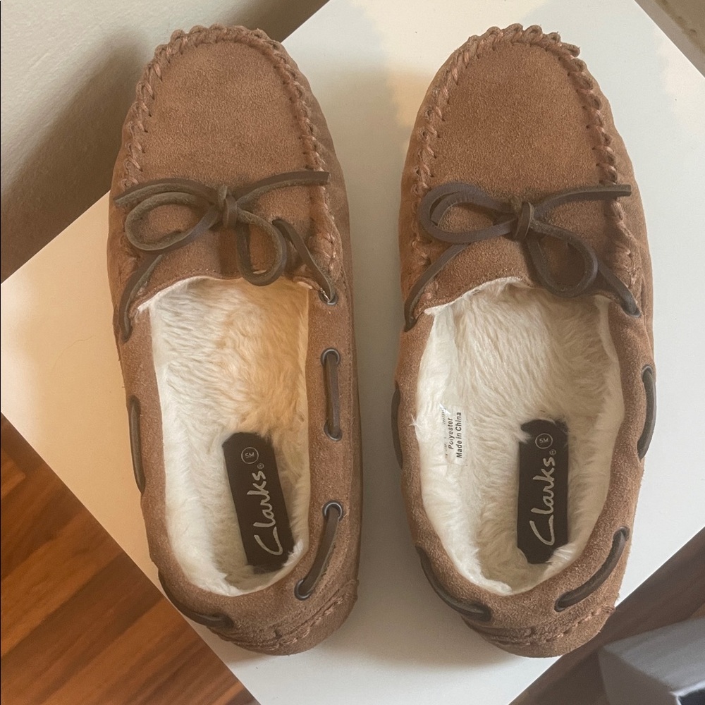 Clarks Tan Suede Moccasin Slippers